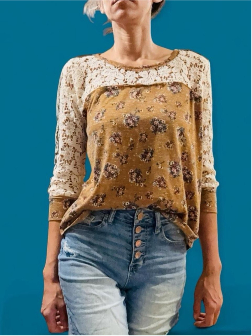 Gimmicks BKE Floral Crochet Lace Velvet Stripe Top Women’s S Boho 3/4 Sleeve